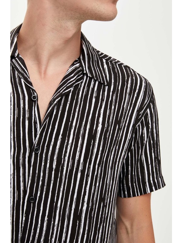 Defacto Erkek Cizgili Slim Fit Kisa Kollu Viskoz Gomlek Siyah Morhipo 28644321