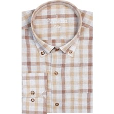 Varetta Erkek Kahverengi Klasik Kesim Yaka Düğmeli Cepli Kareli Uzun Kol Gömlek