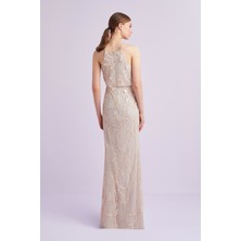 Oleg Cassini Açık Pembe Halter Yaka 3 Boyutlu Uzun Abiye Elbise