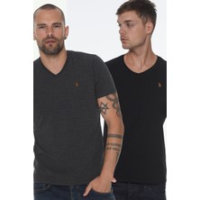 Dewberry İkili Set T8568 V Yaka Erkek T-Shirt-Siyah-Antrasit