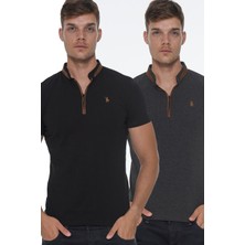Dewberry İkili Set T8571 Fermuarlı Erkek T-Shirt-Siyah-Antrasit