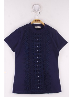Toontoy Kız Çocuk Dantelli İnci İşlemeli Okul T-Shirt