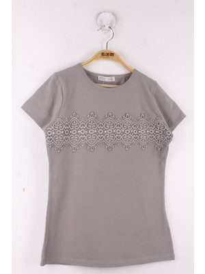 Toontoy Kız Çocuk Önü Dantelli İnci Detaylı Okul T-Shirt