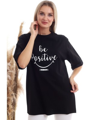 Cotton Mood 20333402 Süprem Be Positive Baskılı T-Shirt Siyah