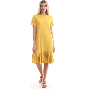Cotton Mood 9303044 Süprem Eteği Pliseli Kısa Kol Elbise Hardal