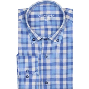 Koyu Mavi  Klasik Kesim Düğmeli Yaka Cepli Kareli Erkek Gömlek