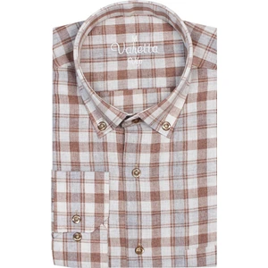 Kahverengi  Klasik Kesim Düğmeli Yaka Cepli Kareli Erkek Gömlek