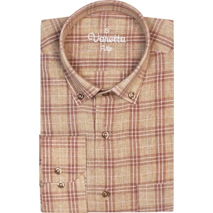 Klasik Kesim Düğmeli Yaka Cepli Kahverengi Kareli Erkek Gömlek