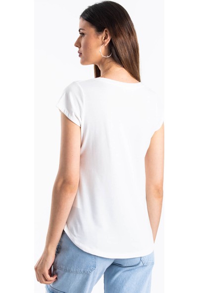 Mossta Çizgili Cepli T-Shirt Beyaz