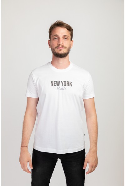 I And Basic Beyaz %100 Organik Pamuklu Basic Erkek Tişört / New York Soho L