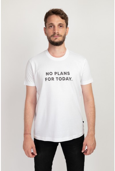 I And Basic Beyaz %100 Organik Pamuklu Basic Erkek Tişört / No Plans For Today S
