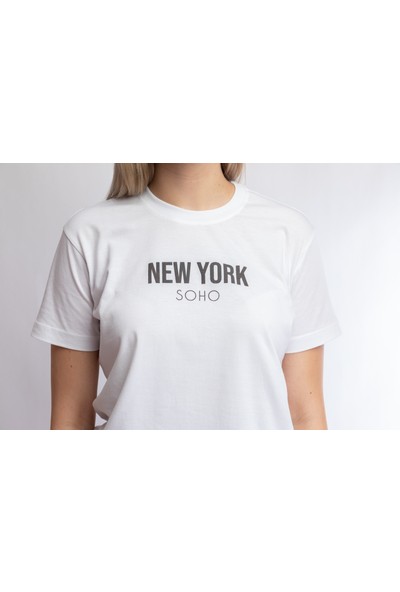 I And Basic Beyaz %100 Organik Pamuklu Basic Kadın Tişört / New York Soho L