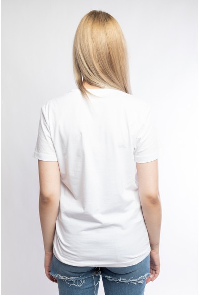 I And Basic Beyaz %100 Organik Pamuklu Basic Kadın Tişört / Good Vibes Only XL