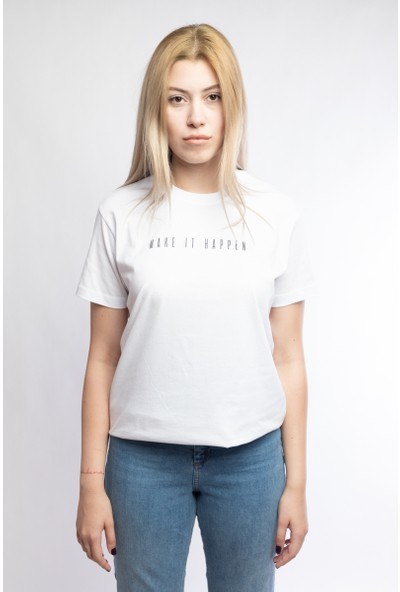 I And Basic Beyaz %100 Organik Pamuklu Basic Kadın Tişört / Make It Happen L