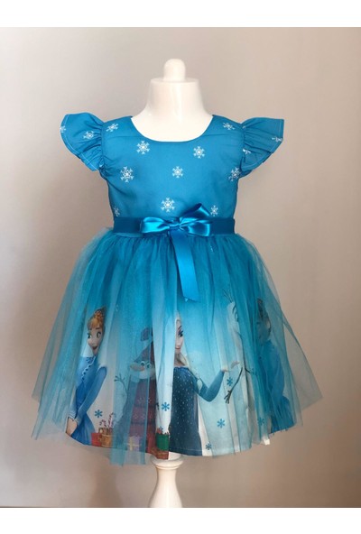 Pumpido Mavi Renk Elsa Karakterli Kız Çocuk Elbisesi