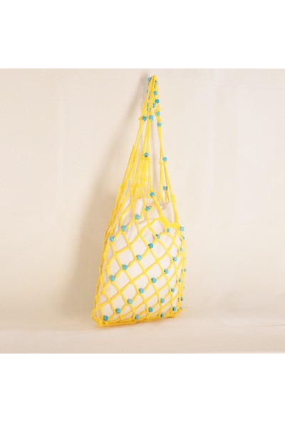 Vintech File Merserize Çanta Yazlık Çanta El Yapımı Çanta Organik Mavi Cam Boncuklu Sarı İp Çanta