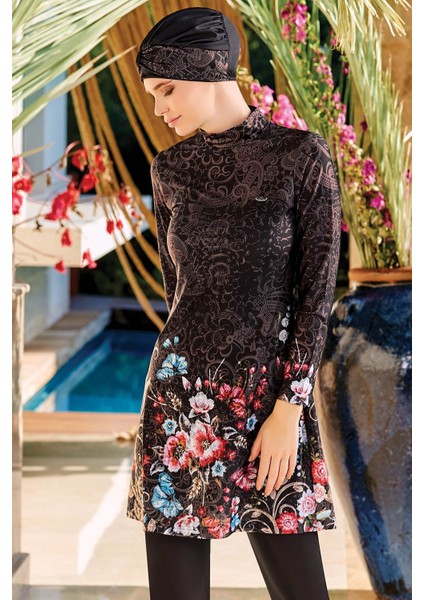 Flowers Design Likralı Tam Tesettür Mayo - Adasea