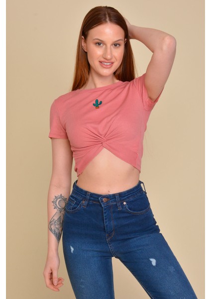 Kaktüs Nakışlı Pembe Crop
