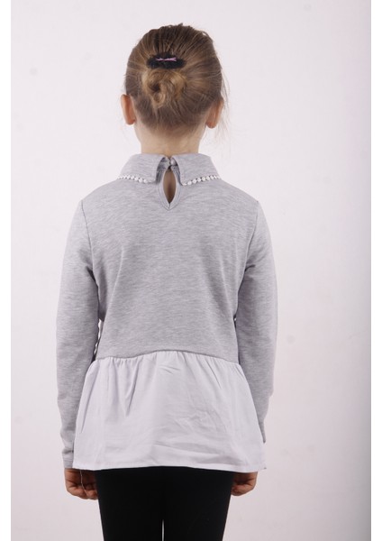 Kız Çocuk Gömlek Detaylı Yakası Aksesuarlı Sweatshirt