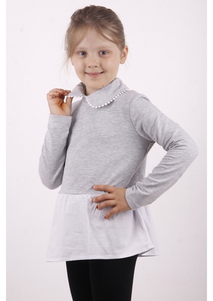 Kız Çocuk Gömlek Detaylı Yakası Aksesuarlı Sweatshirt