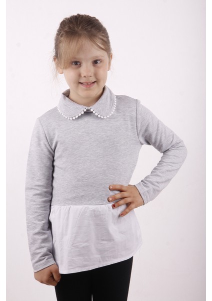 Kız Çocuk Gömlek Detaylı Yakası Aksesuarlı Sweatshirt