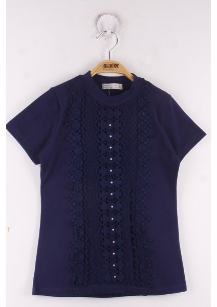 Kız Çocuk Dantelli İnci İşlemeli Okul T-Shirt