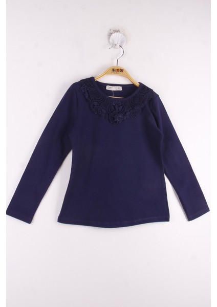 Kız Çocuk Yaka Çiçek Dantelli Okul T-Shirt