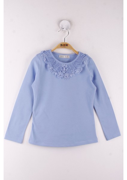 Kız Çocuk Yaka Çiçek Dantelli Okul T-Shirt