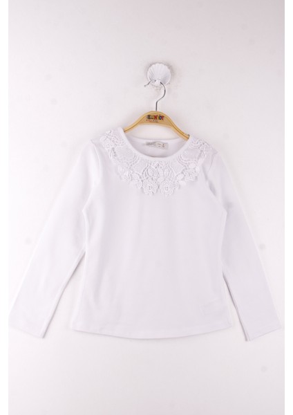 Kız Çocuk Yaka Çiçek Dantelli Okul T-Shirt modelleri