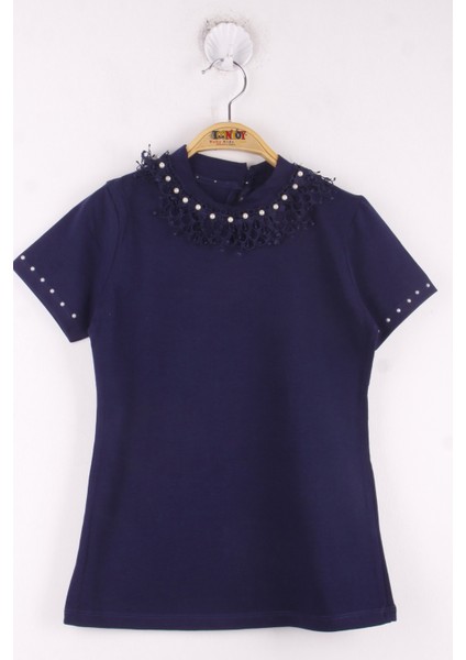 Kız Çocuk Yaka Dantelli İnci Detaylı Okul T-Shirt