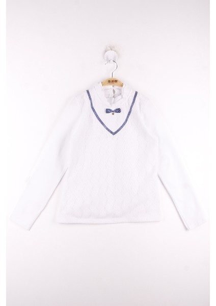 Kız Çocuk Yakası ve Önü Güpürlü Papyon Detaylı T-Shirt