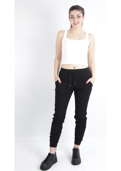 Bağlamalı Kaşkorse Kumaş Jogger Model Eşofman Altı Siyah (B20-41209)