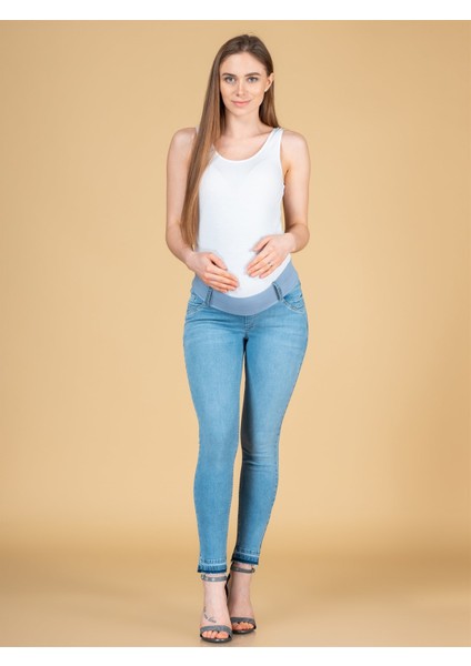 Hamile Açık Mavi Paça Detaylı Skinny Jean
