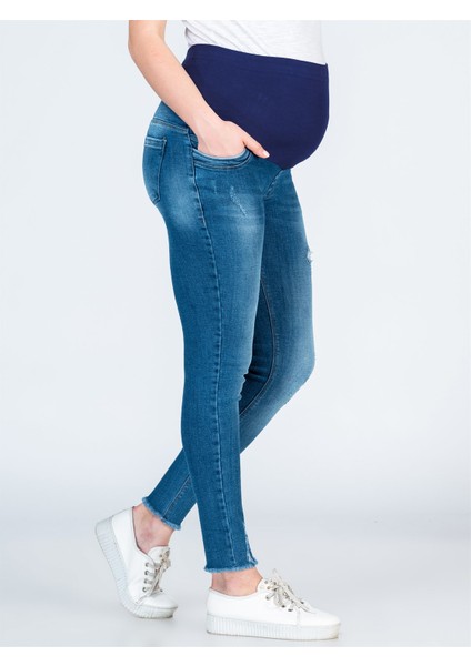 Hamile Yüksek Ribanalı Taşlanmış Jean