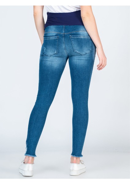 Hamile Yüksek Ribanalı Taşlanmış Jean