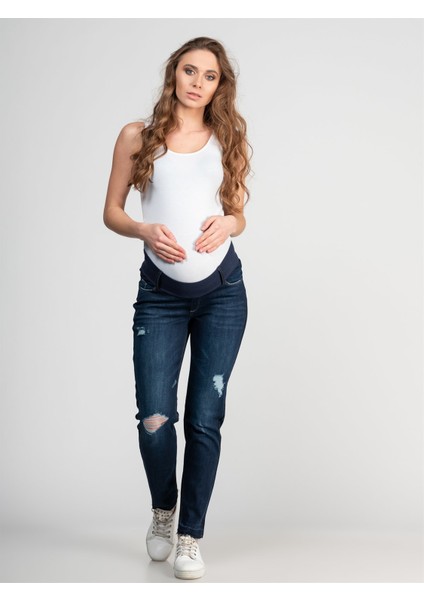Hamile Mom Fit Ribanalı Açık Mavi Jean