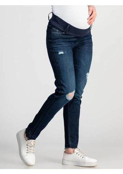 Hamile Mom Fit Ribanalı Açık Mavi Jean