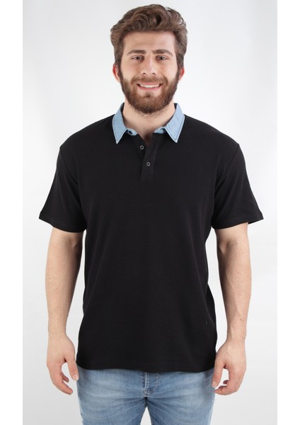 Waffle Kumaş Regular Fit Denim Polo Yaka T-Shirt