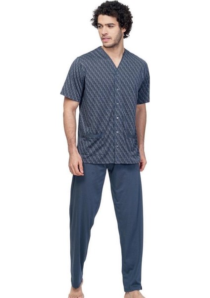 8612 Jakarlı Önden Düğmeli Erkek Pijama Takım