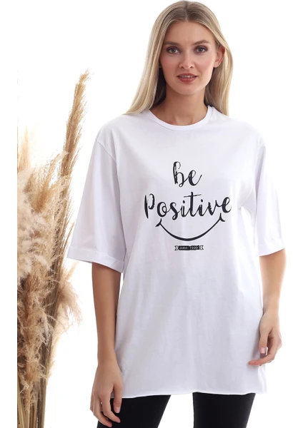 Cotton Mood 20333402 Süprem Be Positive Baskılı T-Shirt Beyaz