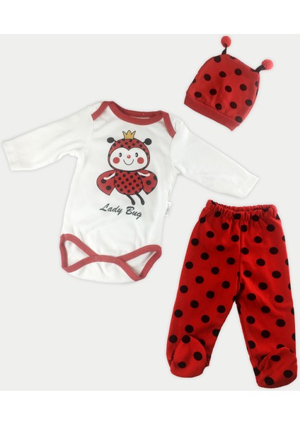Uğurböceği Baskılı Çıtçıtlı Badili 3 Parça Penye Kız Bebe Takım