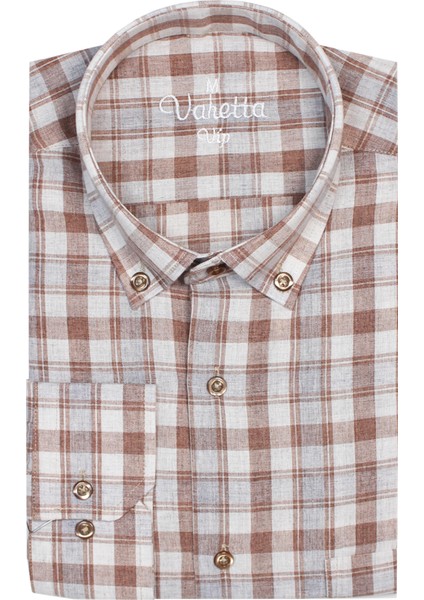 Kahverengi Klasik Kesim Düğmeli Yaka Cepli Kareli Erkek Gömlek