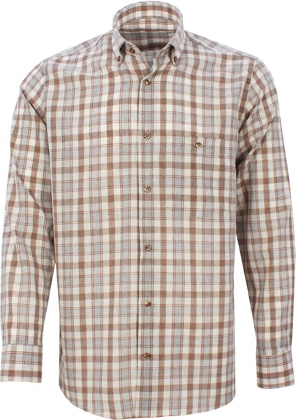 Kahverengi Klasik Kesim Düğmeli Yaka Cepli Kareli Erkek Gömlek fiyatları