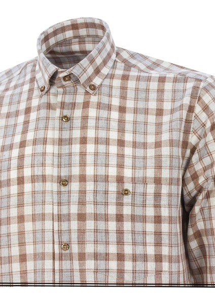 Kahverengi Klasik Kesim Düğmeli Yaka Cepli Kareli Erkek Gömlek modelleri