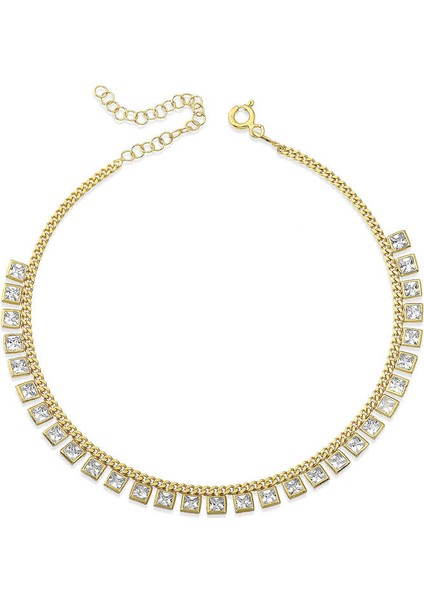 Gurmet Zincirli Kare Zirkon Taşlı Gold Halhal