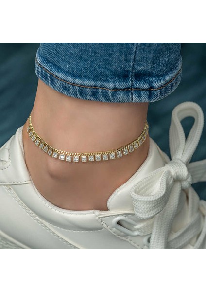 Gurmet Zincirli Kare Zirkon Taşlı Gold Halhal fiyatları