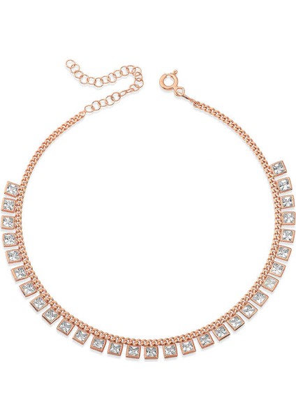 Gümüş Gurmet Zincirli Kare Zirkon Taşlı Rose Gold Halhal