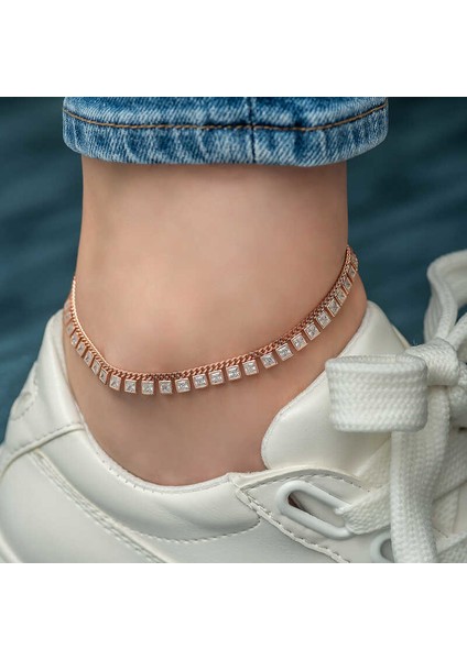 Gümüş Gurmet Zincirli Kare Zirkon Taşlı Rose Gold Halhal fiyatları