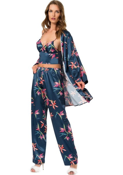 Saten 3'lü Pijama Sabahlık Takım 2164