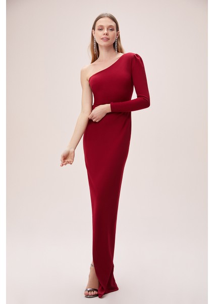 Bordo Krep Tek Kollu Yırtmaçlı Abiye Elbise